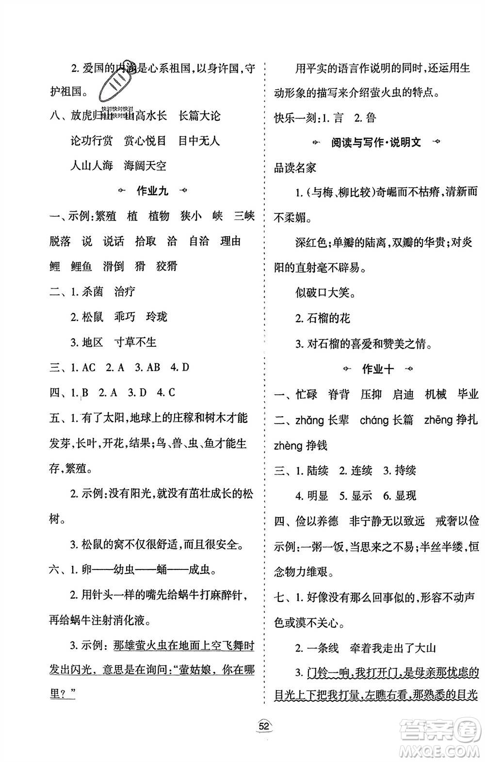 陕西人民教育出版社2024陕教出品寒假作业五年级语文通用版参考答案