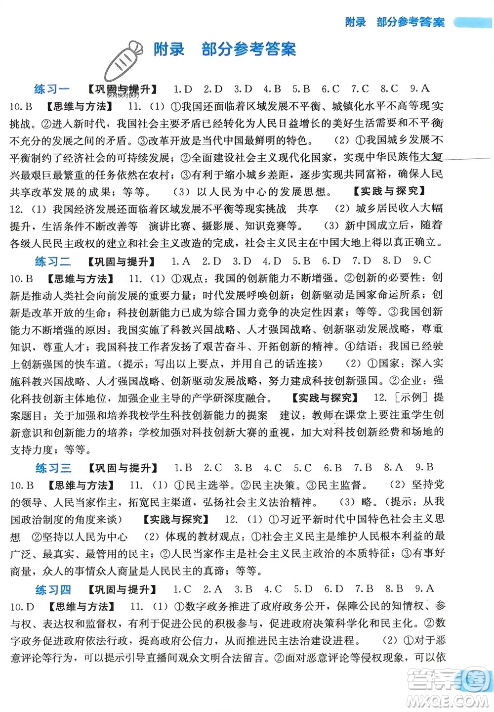 广西教育出版社2024新课程寒假作业九年级道德与法治通用版参考答案