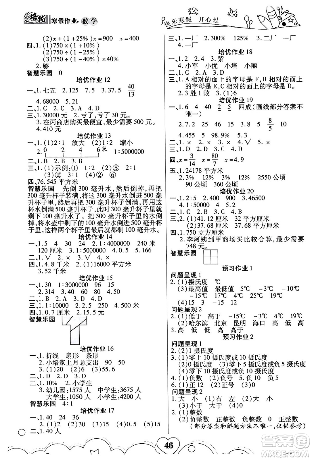 武汉大学出版社2024培优教育寒假作业衔接训练六年级数学课标版答案
