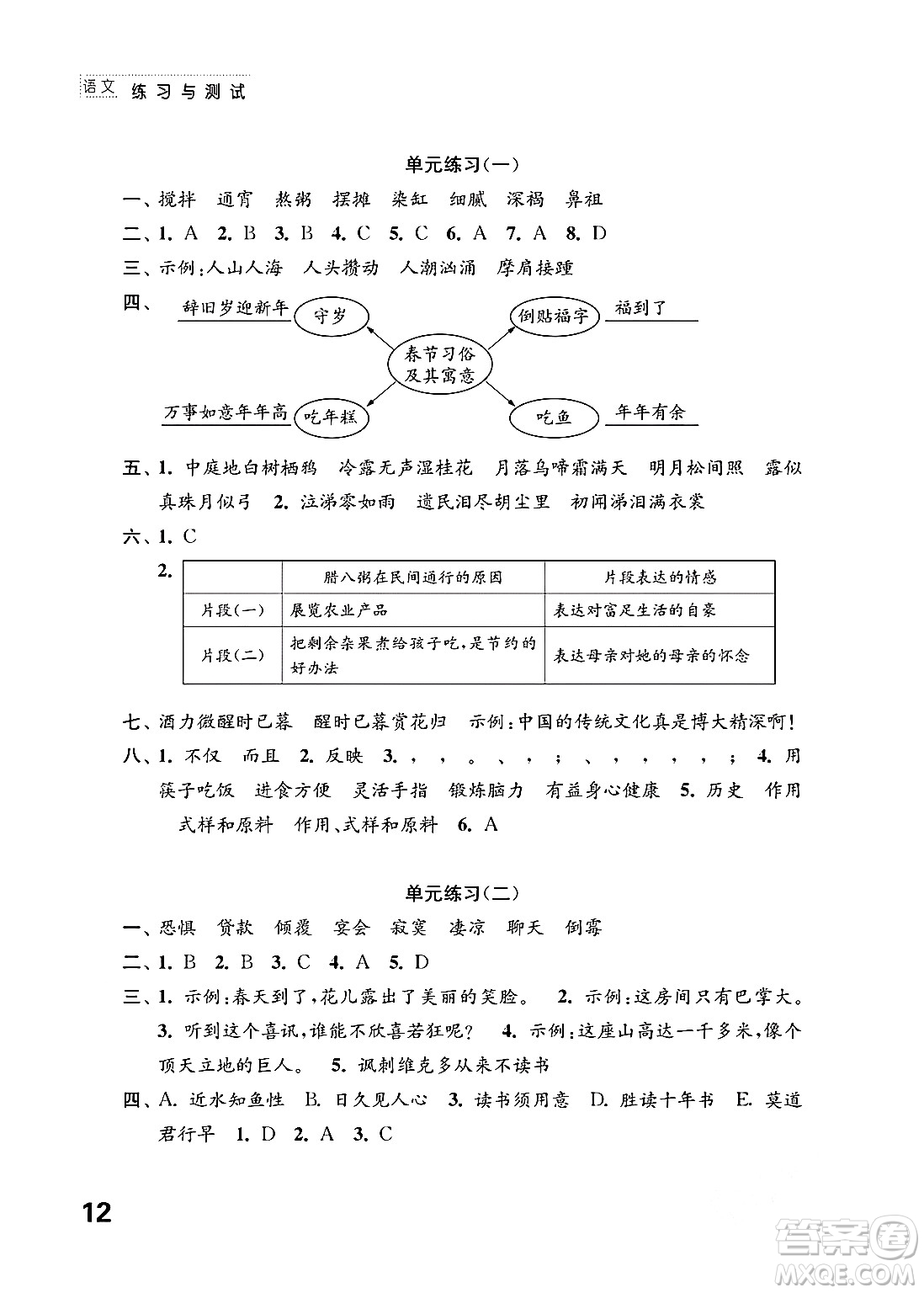 江苏凤凰教育出版社2024年春小学语文练习与测试六年级语文下册通用版答案