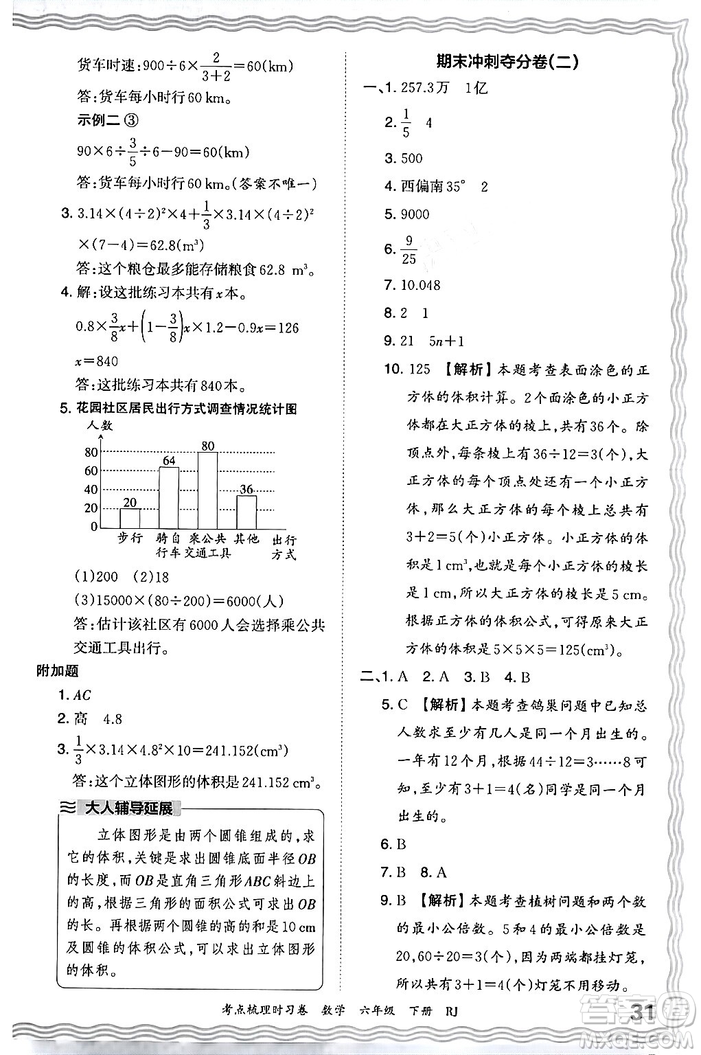 江西人民出版社2024年春王朝霞考点梳理时习卷六年级数学下册人教版答案