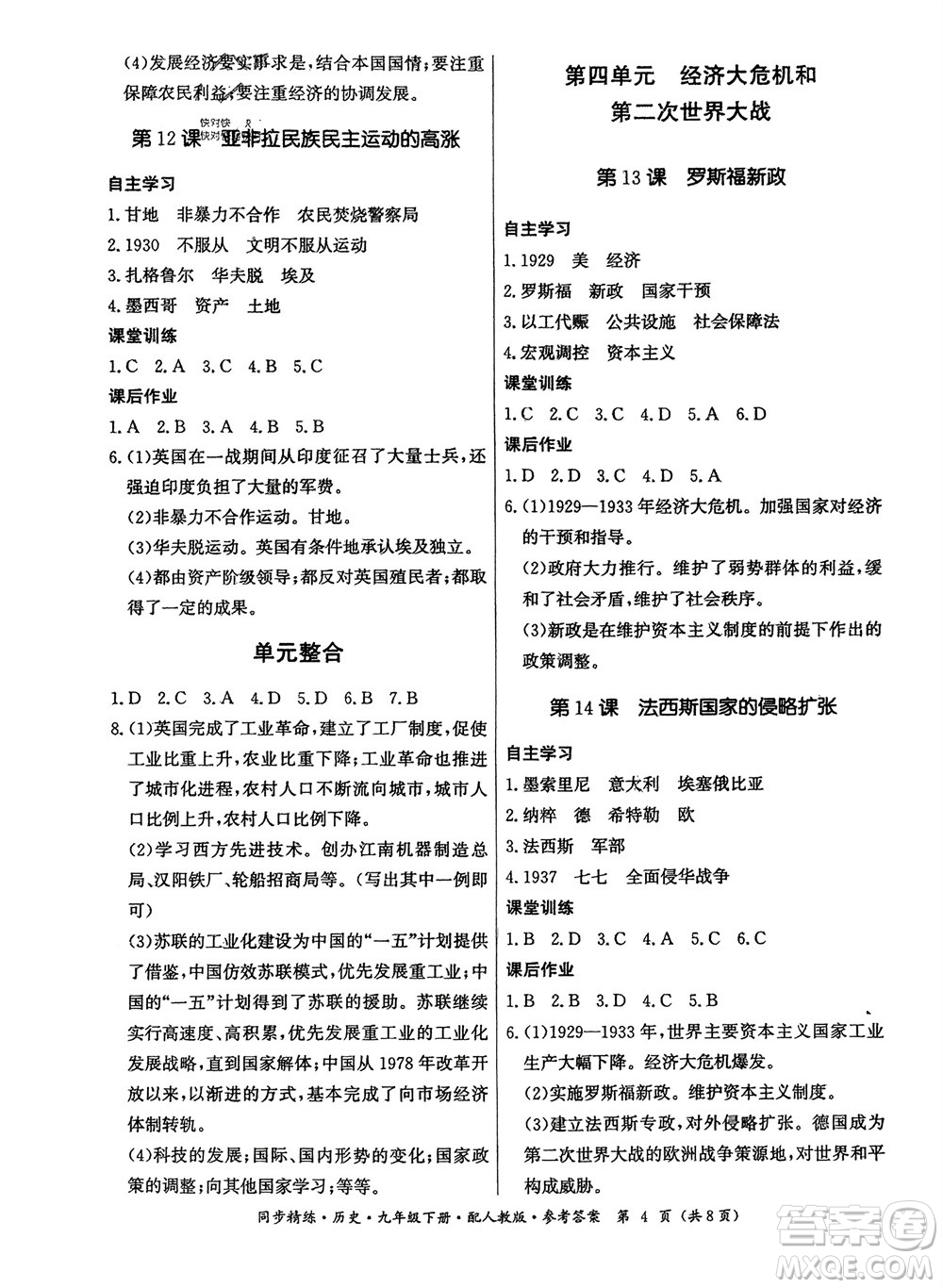 广东人民出版社2024年春同步精练九年级历史下册人教版参考答案