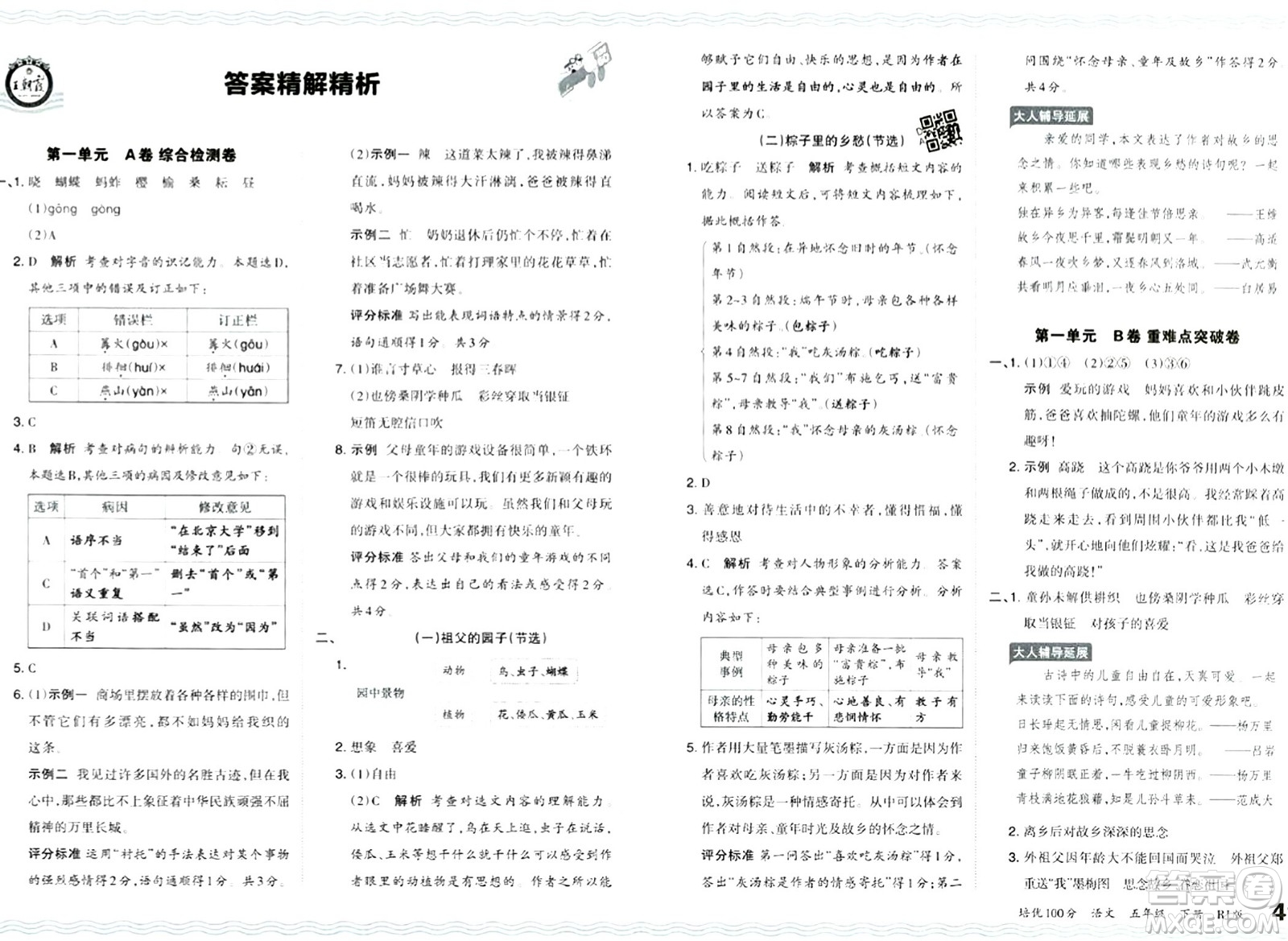 江西人民出版社2024年春王朝霞培优100分五年级语文下册人教版答案